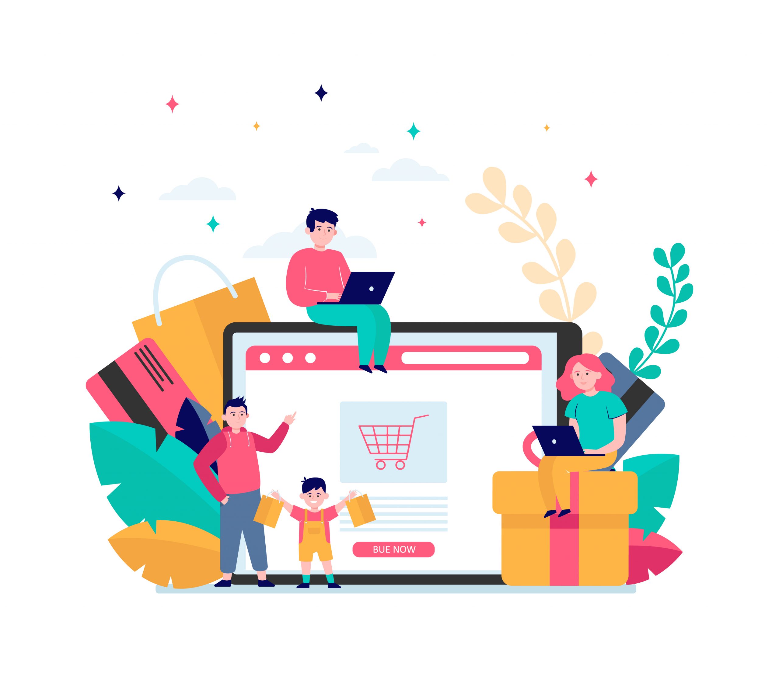 Happy people shopping online