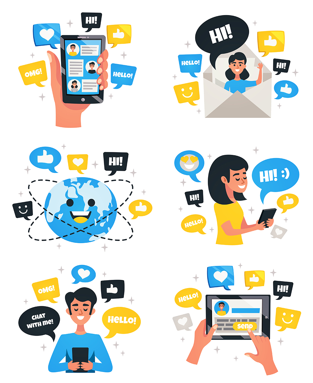 Interactive chat communication worldwide with electronic mobile devices 6 flat compositions with smartphone tablet isolated vector illustration