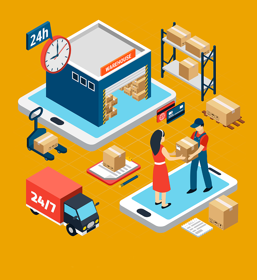 Logistics isometric concept with 24 hours online delivery service worker truck and warehouse 3d vector illustration